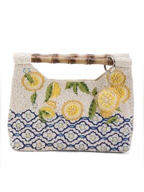 Viral Beaded Lemon Embroidered Clutch with Bamboo Handle Yellow & Cream Italian
